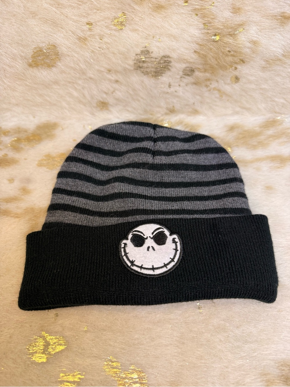 Disney Nightmare Before Christmas Jack Skellington Striped Beanie Hat Black Grey